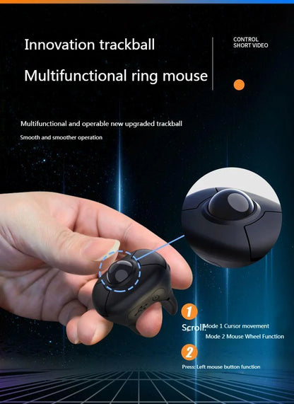 Trackball Finger Ring Mouse 2.4G + Bluetooth Wireless Remote Control Mouse for PPT, Presentations, Smart TV, Car Display & PC