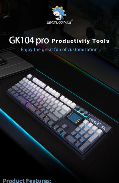 SKYLOONG GK104 Pro Wireless Mechanical Keyboard, 104-Key Custom Hot-Swappable RGB Gaming Keyboard with LCD Screen, Triple Mode Bluetooth/2.4G/USB-C Mechanical Keyboard