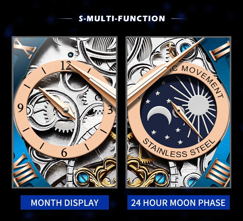 OLEVS Top Brand Men's Skeleton Mechanical Watch Waterproof Leather Strap Men Moon Phase Automatic Tourbillon Wristwatch for Men