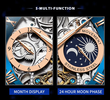 OLEVS Top Brand Men's Skeleton Mechanical Watch Waterproof Leather Strap Men Moon Phase Automatic Tourbillon Wristwatch for Men
