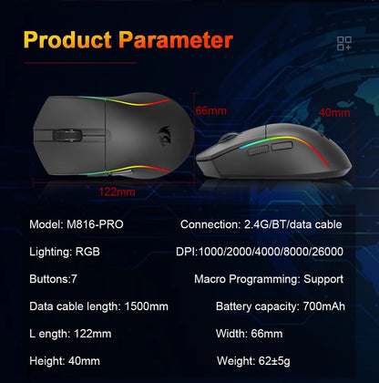 REDRAGON DEICIDE M816 PRO RGB USB Bluetooth-tuki 2.4G Langaton pelihiiri 26000 DPI 6 painiketta pelaajalle Langalliset hiiret tietokoneelle