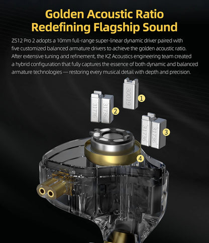 Auriculares intraaurales híbridos KZ ZS12 PRO 2 – Auriculares gaming con cable, graves HiFi y drivers superlineales