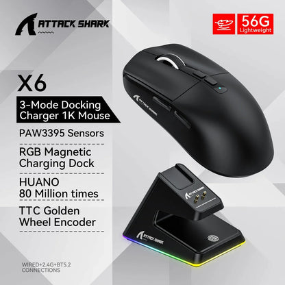 Attack Shark X6 Wireless Ergonomic Gaming Mouse, Tri-Mode Bluetooth, 2.4G & Wired Gaming Mouse, 26000 DPI Rechargeable RGB Gaming Mouse