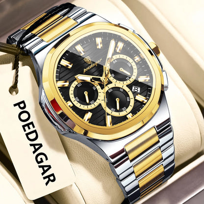 Montre-bracelet homme d'affaires POEDAGAR, chronographe avec date, étanche et lumineuse, de luxe, en acier inoxydable et à quartz.
