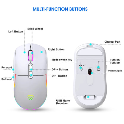 Tri-Mode Wireless Gaming Mouse with Bluetooth 2.4G & Wired Connection, 10000 DPI RGB Esports Mouse with 7 Buttons and Rechargeable Battery