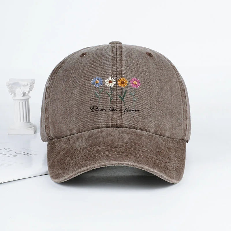 Vintage Washed Daisy Baseball Cap – Unisex “Flowers in Bloom” Letter Print Dad Cap – Outdoor Travel & Casual Sun Hat
