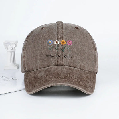 Vintage Washed Daisy Baseball Cap – Unisex “Flowers in Bloom” Letter Print Dad Cap – Outdoor Travel & Casual Sun Hat