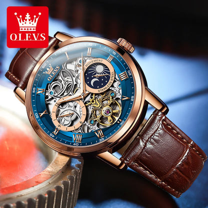 OLEVS Top Brand Men's Skeleton Mechanical Watch Waterproof Leather Strap Men Moon Phase Automatic Tourbillon Wristwatch for Men