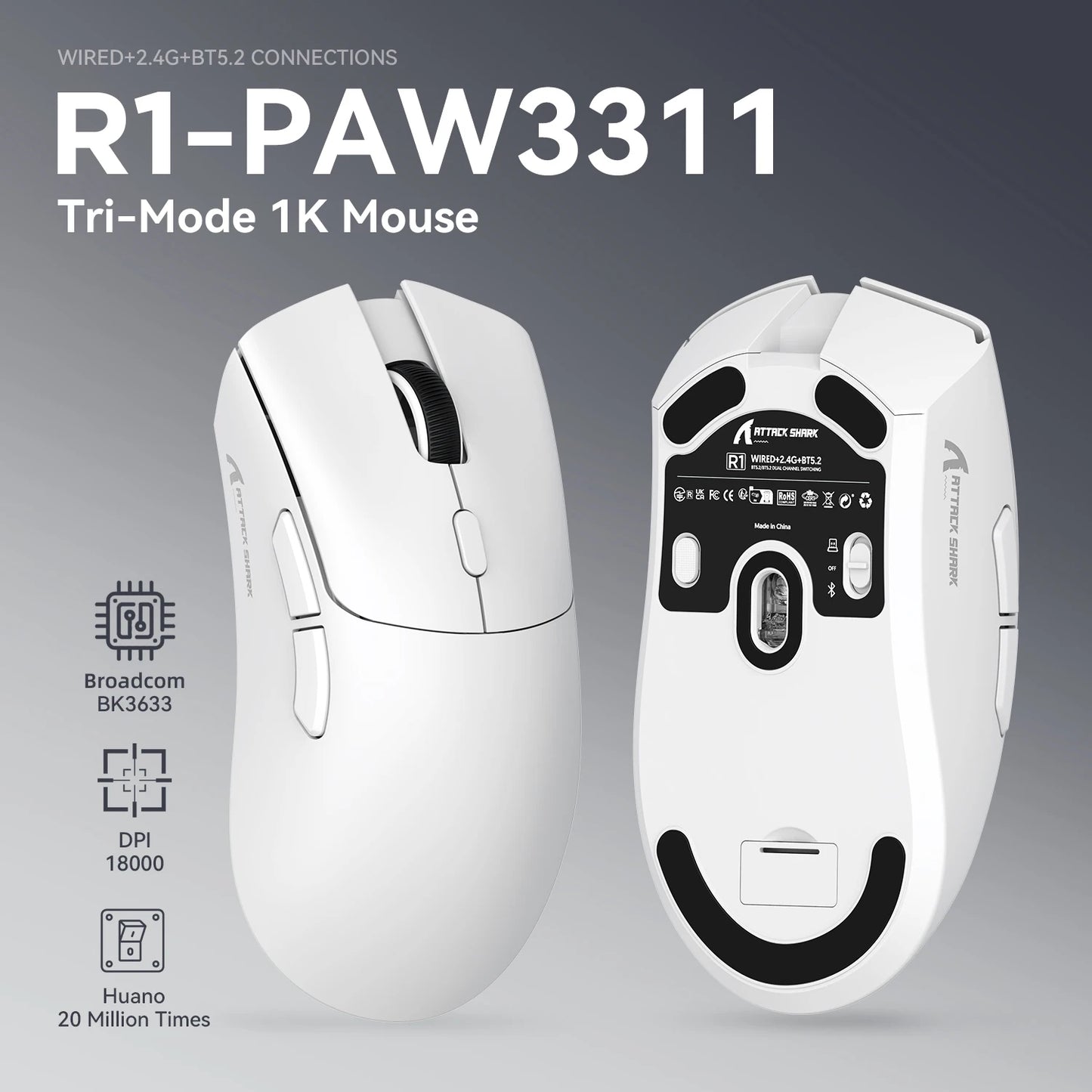 ATTACK SHARK R1 Tri-Mode Gaming Mouse, 59g Ultralight Wireless Gaming Mouse, PixArt PAW3311 Sensor, 18000 DPI, Bluetooth, 2.4GHz & Wired RGB Gaming Mouse
