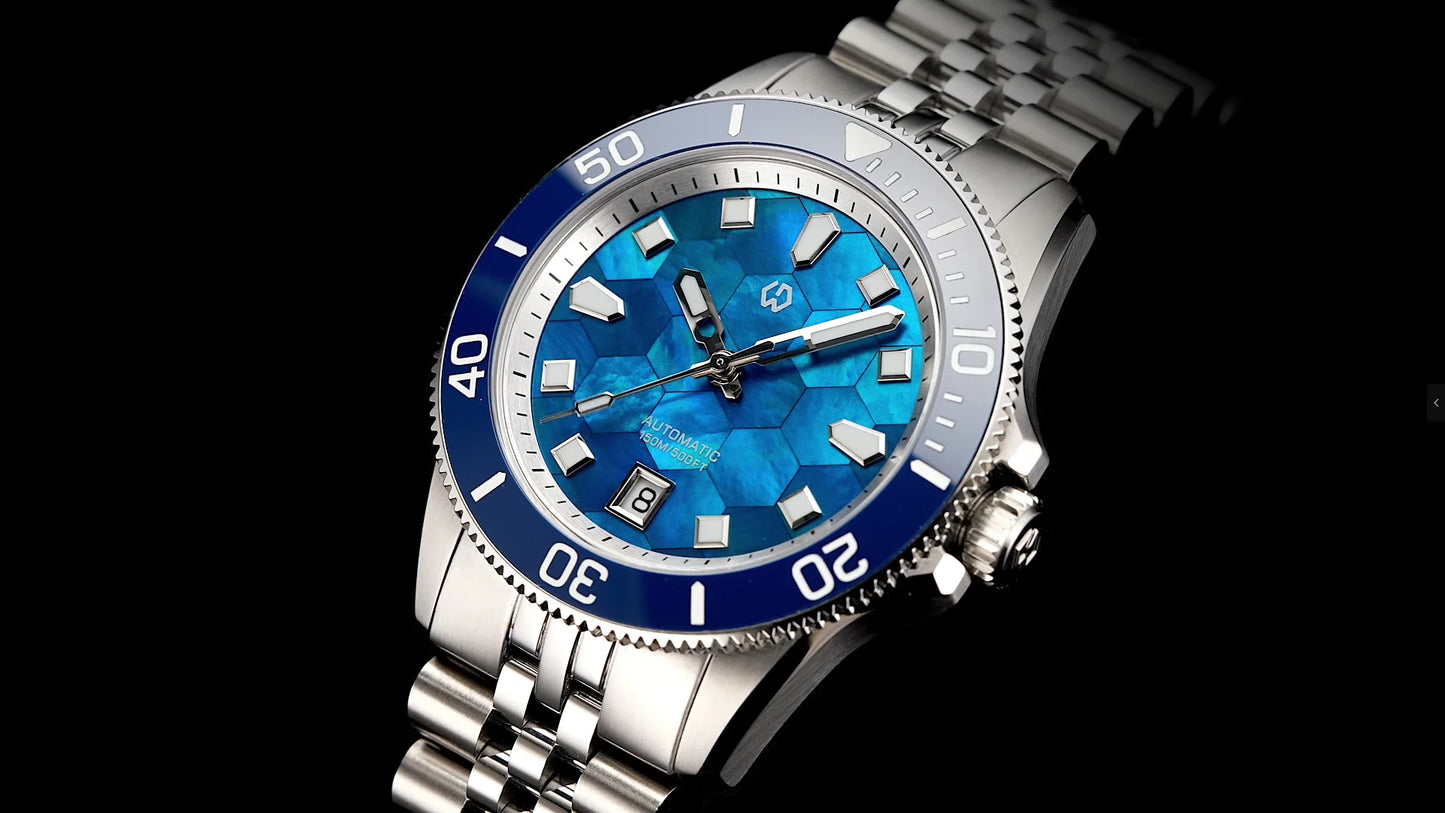 WISHDOIT Automatic Mechanical Watch Miyota 8215 Movement Mother of Pearl Dial Ceramic Bezel Waterproof 150M Diving Watch