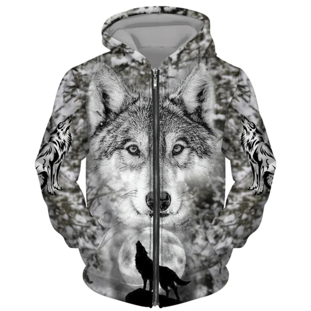 3D Wolf Print Men Zipper Hoodies Fashion Animal Pattern Top Coat Street Punk Style Oversized Sweatshirts Outdoor Leisure Jackets