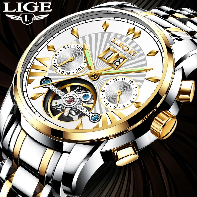 Pánské mechanické náramkové hodinky s automatickým nátahem LIGE – luxusní hodinky nejvyšší třídy s tourbillonem, elegantní a vodotěsný model, ideální pro práci i formální příležitosti.