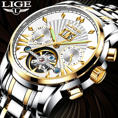 Pánské mechanické náramkové hodinky s automatickým nátahem LIGE – luxusní hodinky nejvyšší třídy s tourbillonem, elegantní a vodotěsný model, ideální pro práci i formální příležitosti.