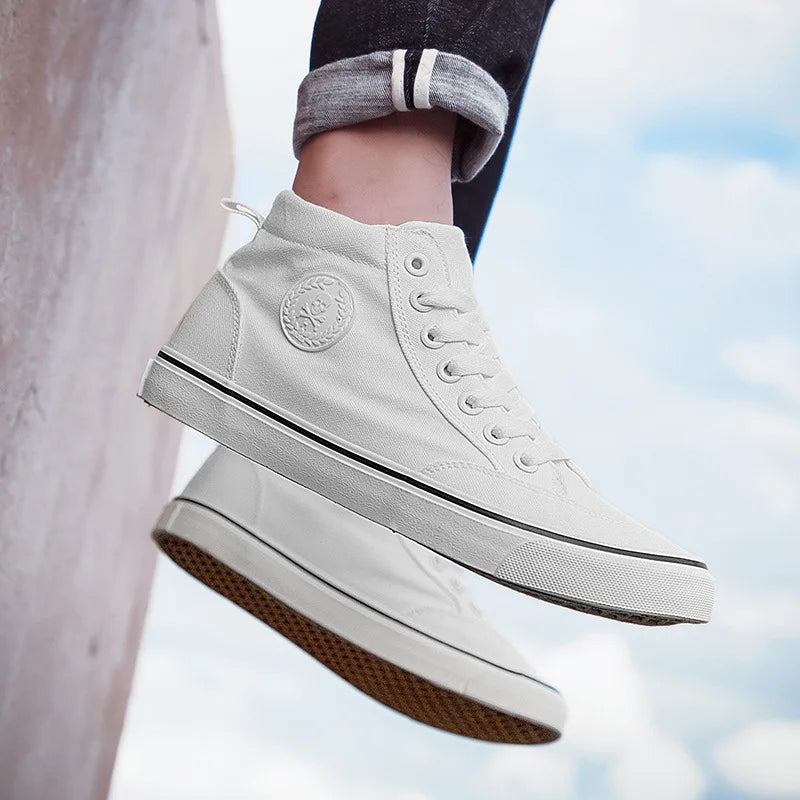 Baskets montantes en toile pour hommes, chaussures de Skate décontractées à lacets, toutes noires, pour étudiants, semelle plate, chaussures de Sport confortables