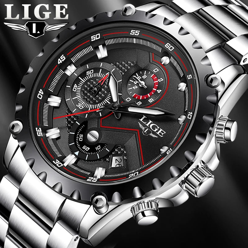 LIGE Men’s Watch – Trendy quartz watch, luxury brand, all-steel, professional style, water-resistant and sporty – Supplied with box