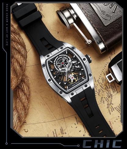 MINI FOCUS Men's Wristwatch Fashion Black Waterproof Automatic Mechanical Watch with Luminous Hands Silicone Strap Tonneau Dial