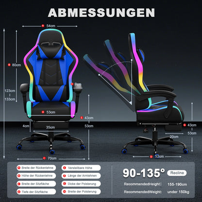 Devoko RGB Gaming Chair Ergonomic Fabric Gaming Chair with Footrest, Adjustable Headrest, LED Lights, Reclining Office Computer Gaming Chair