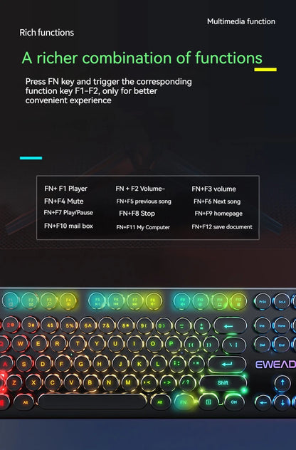 EWEADN GX330 Typewriter Gaming Keyboard 104 Keys Wired Retro Keyboard with RGB Backlit, Round Keycaps, USB Mechanical Style Keyboard for PC & Laptop