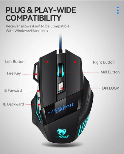 T-WOLF M1 Wired Gaming Mouse 7-Button RGB Backlit Ergonomic USB Gaming Mouse for PC Gamers with Adjustable DPI