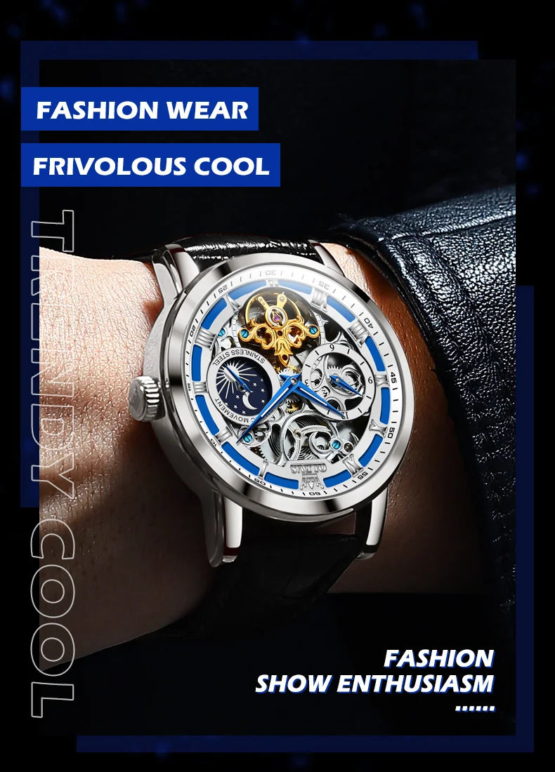 OLEVS Top Brand Men's Skeleton Mechanical Watch Waterproof Leather Strap Men Moon Phase Automatic Tourbillon Wristwatch for Men