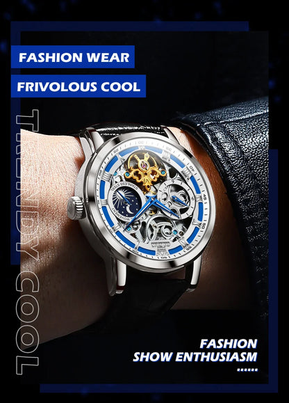 OLEVS Top Brand Men's Skeleton Mechanical Watch Waterproof Leather Strap Men Moon Phase Automatic Tourbillon Wristwatch for Men