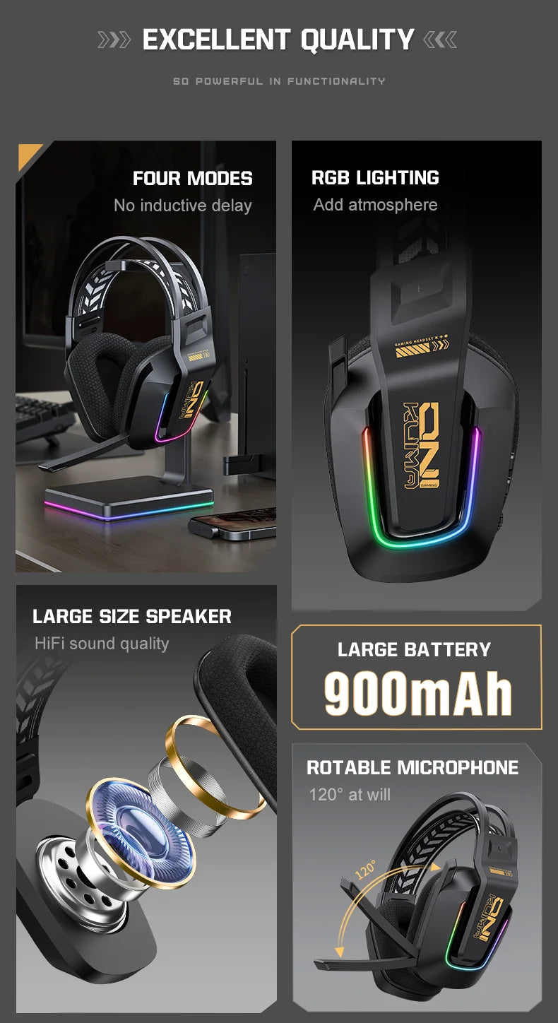 ONIKUMA GT828 Wireless Gaming Headset Bluetooth 5.3 RGB Headphones with Mic, Noise Cancelling, 4-Mode Connection for PC, PS5 & Laptop