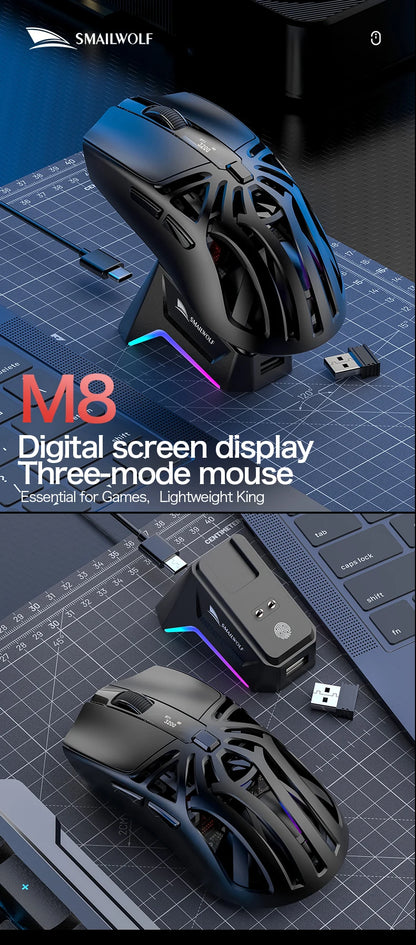 SMAILWOLF M8 Wireless Bluetooth Tri-Mode Gaming Mouse, 12000 DPI Lightweight RGB Gaming Mouse with PAW3311 Sensor, Magnetic Charging Dock