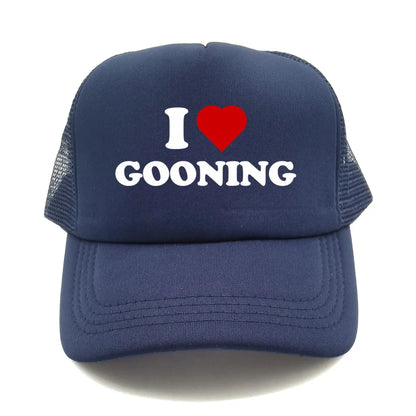 Sjove „I Love Gooning“-baseballkasketter – Cool sommerhat til mænd i netstof – Humoristisk truckerkasket – Unisex udendørs kasketter i netstof – MZ-080
