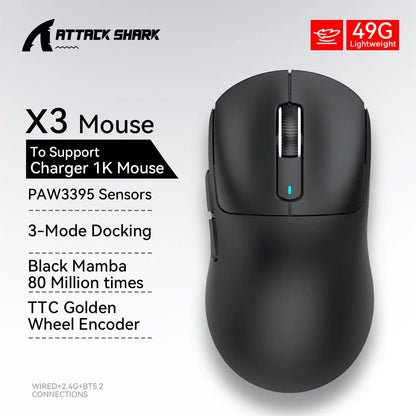 Bezdrôtová herná myš X3 ATTACK SHARK, červená farba, 4K odozva, Bluetooth trojrežimové pripojenie, PAW3395, makro Bluetooth herná myš