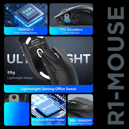 ATTACK SHARK R1 Superlight Wireless Gaming Mouse, 59g Ultra-Light Mouse with PixArt PAW3311 Sensor, 18000 DPI, Tri-Mode Bluetooth & 2.4GHz, 65H Battery