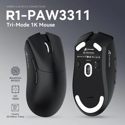 ATTACK SHARK R1 Superlight Wireless Gaming Mouse, 59g Ultra-Light Mouse with PixArt PAW3311 Sensor, 18000 DPI, Tri-Mode Bluetooth & 2.4GHz, 65H Battery