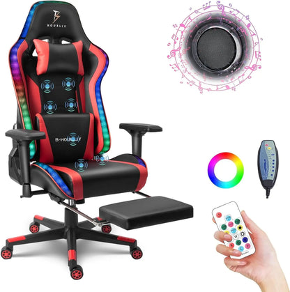 Cadeira Gaming de Massagem com Colunas e Luzes LED RGB, Cadeira Gaming Ergonómica para Computador com Apoio Lombar, Giratória e Ajustável