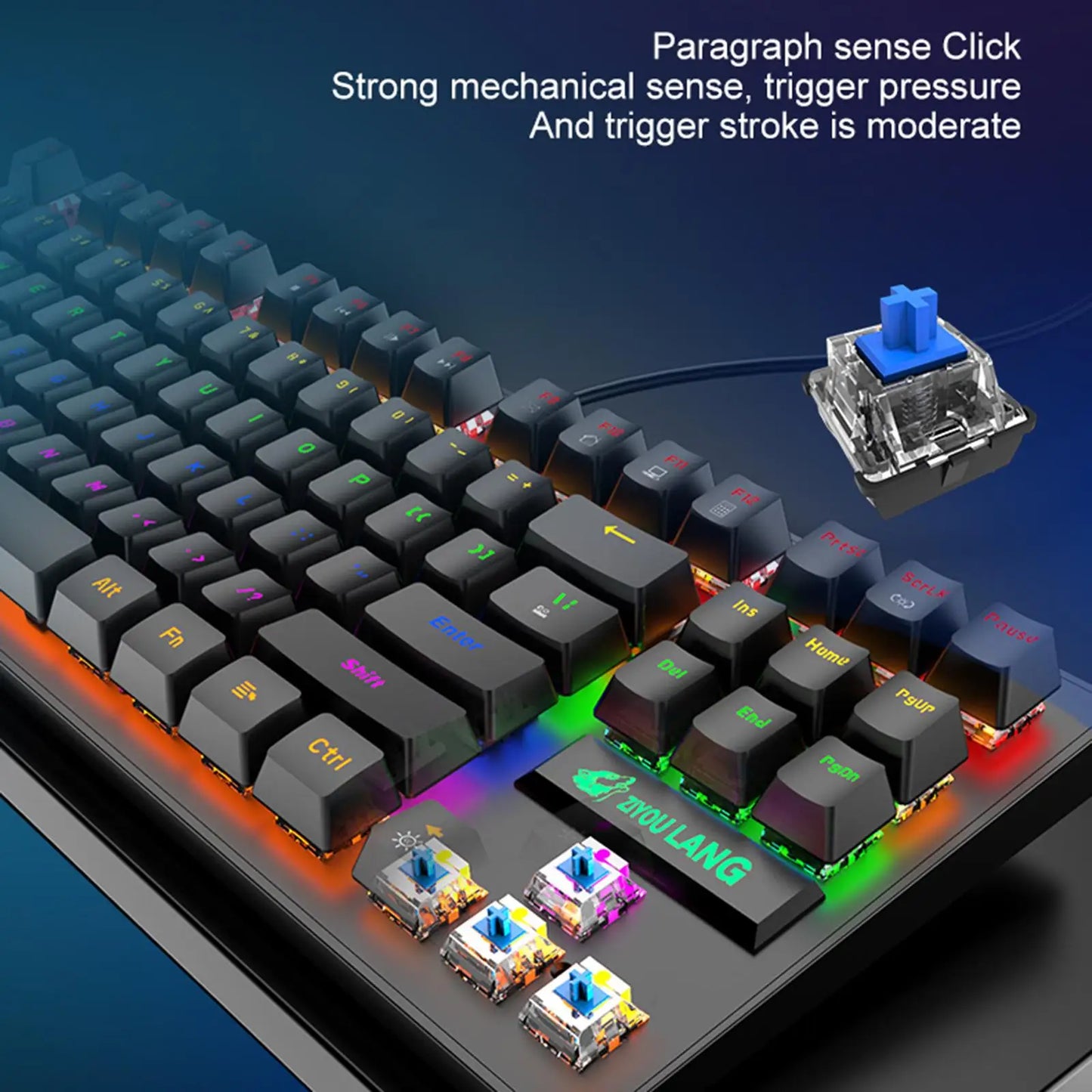 USB Mechanical Gaming Keyboard with Rainbow Backlit, Anti-Ghosting Keys, Blue Switches, Detachable Panel, Compact Wired Gaming Keyboard for PC Desktop