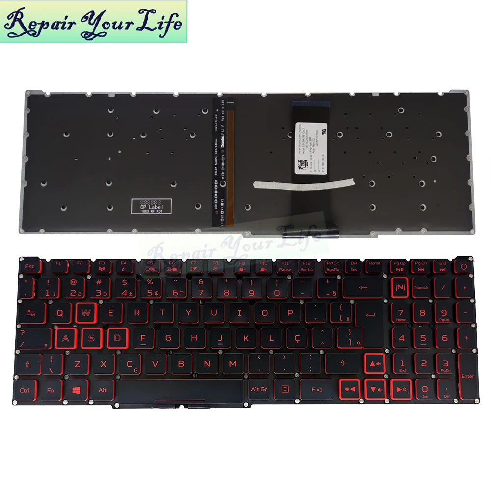 Teclado retroiluminado PT-BR Brazil US RU para Acer Nitro 5 AN515-54 AN515-43 AN517-52 AN517-51 AN517-54 AN715-51 Spain LA IT TR GR FR