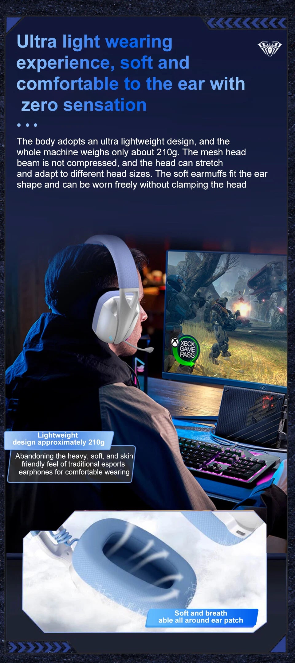 AULA S8 Gaming Headset with Three Mode Connection Lightweight Design Detachable Microphone Esports Headset