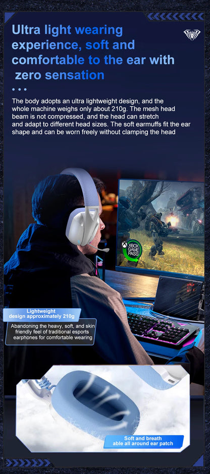 AULA S8 Gaming Headset with Three Mode Connection Lightweight Design Detachable Microphone Esports Headset