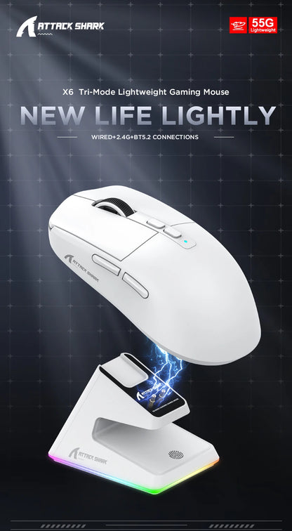 Attack Shark X6 Lightweight Wireless Gaming Mouse, Tri-Mode Bluetooth & 2.4G Gaming Mouse, 26,000 DPI RGB Charging Dock, PAW3395 Sensor