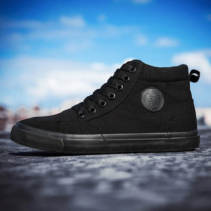 Baskets montantes en toile pour hommes, chaussures de Skate décontractées à lacets, toutes noires, pour étudiants, semelle plate, chaussures de Sport confortables