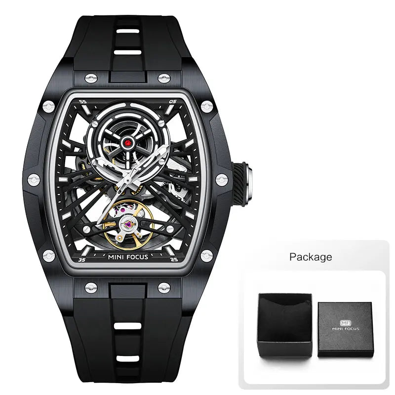 MINI FOCUS Men's Wristwatch Fashion Black Waterproof Automatic Mechanical Watch with Luminous Hands Silicone Strap Tonneau Dial