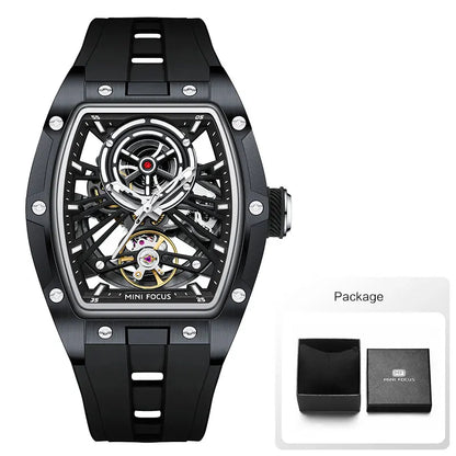 MINI FOCUS Men's Wristwatch Fashion Black Waterproof Automatic Mechanical Watch with Luminous Hands Silicone Strap Tonneau Dial