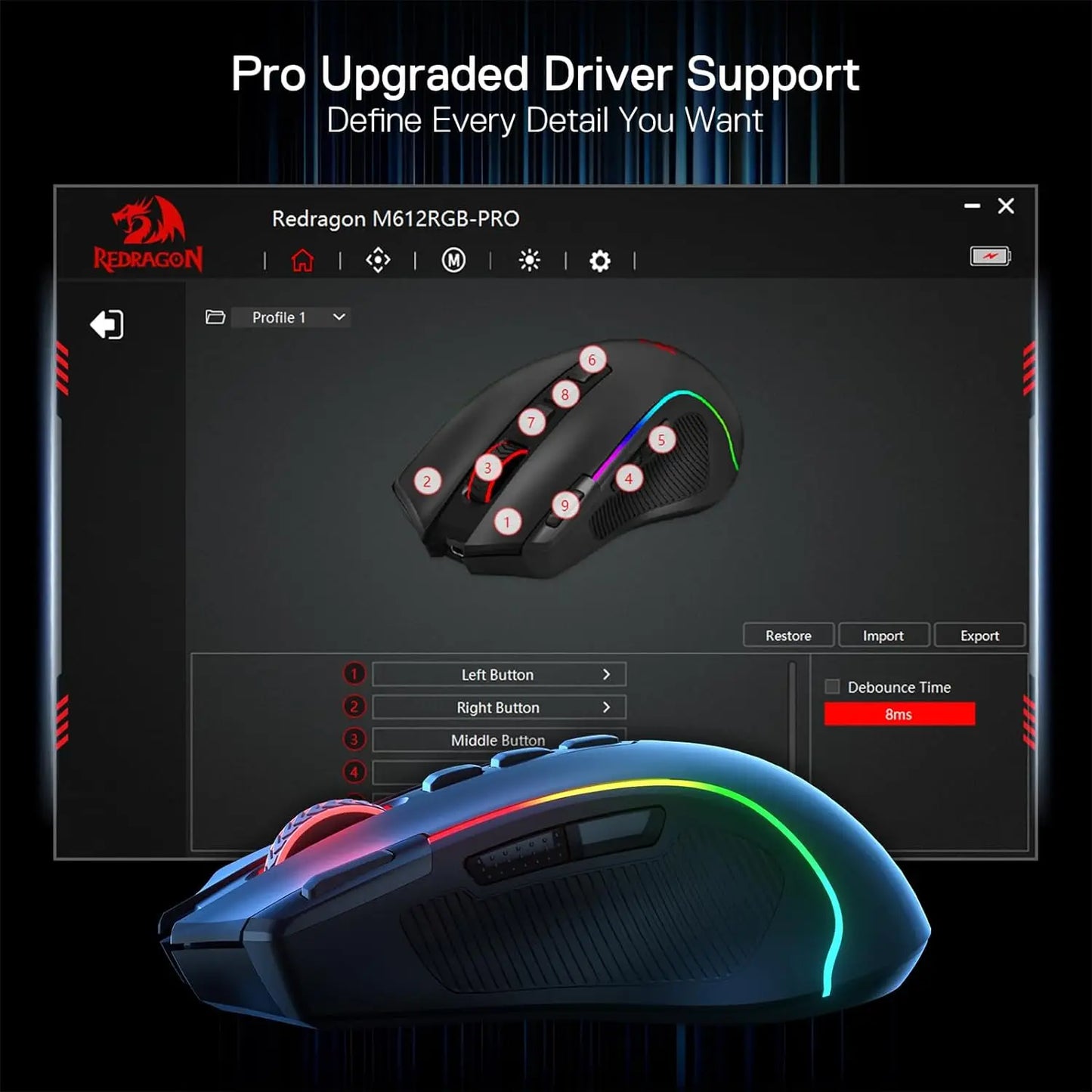 Redragon M612 PRO BT & 2.4RGB gamingmus, 8000 DPI trådbunden/trådlös optisk gamermus med 11 programmerbara knappar och 6 bakgrundsbelysta lägen