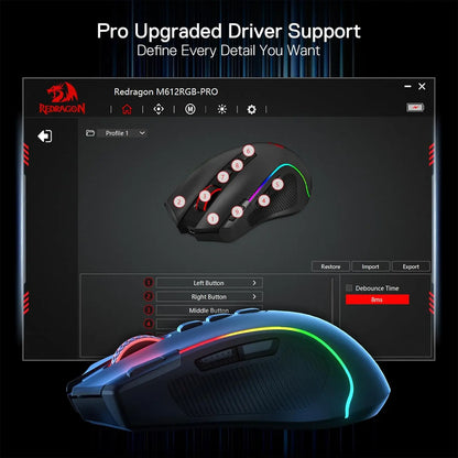 Redragon M612 PRO BT & 2.4RGB gamingmus, 8000 DPI trådbunden/trådlös optisk gamermus med 11 programmerbara knappar och 6 bakgrundsbelysta lägen