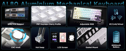 YUNZII AL80 Silver Wireless Mechanical Keyboard, Full Aluminum CNC Custom QMK/VIA Gaming Keyboard, LCD Display Hot Swap Keyboard