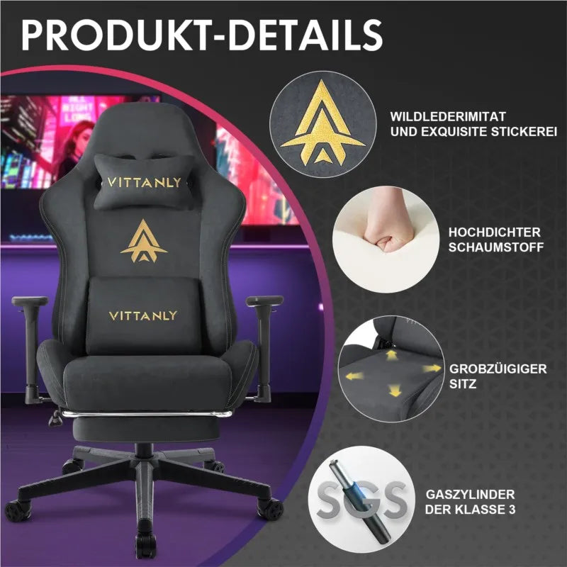Kitinjoy Natural Suede Gaming Chair High Back Ergonomic Computer Chair with Footrest, Reclining Office Chair, Adjustable Swivel Gaming Seat