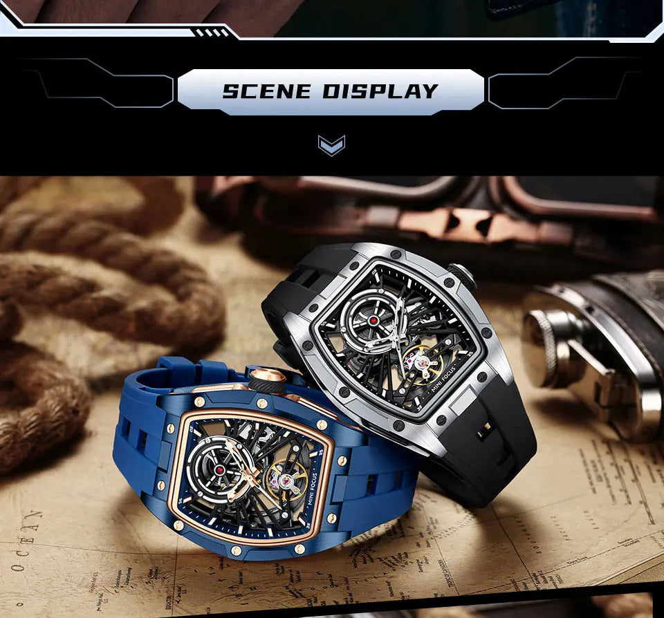 MINI FOCUS Men's Wristwatch Fashion Black Waterproof Automatic Mechanical Watch with Luminous Hands Silicone Strap Tonneau Dial
