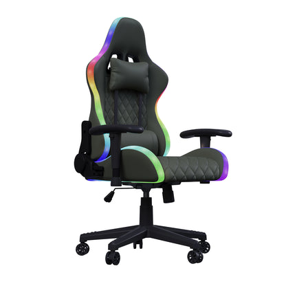 LED Gaming Chair Ergonomic Office Chair with Adjustable Backrest, PU Leather Computer Chair with Lumbar Support Cushion, Footrest & Headrest