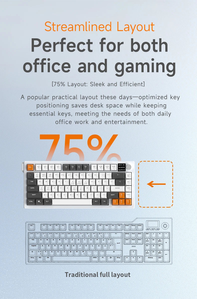AJAZZ AF82 Low-Profile Electrostatic Keyboard Tri-Mode Wireless 75% Mechanical Gaming Keyboard with Display Screen, Hot-Swappable, 4000mAh Battery