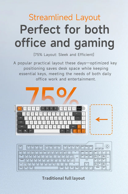 AJAZZ AF82 Low-Profile Electrostatic Keyboard Tri-Mode Wireless 75% Mechanical Gaming Keyboard with Display Screen, Hot-Swappable, 4000mAh Battery