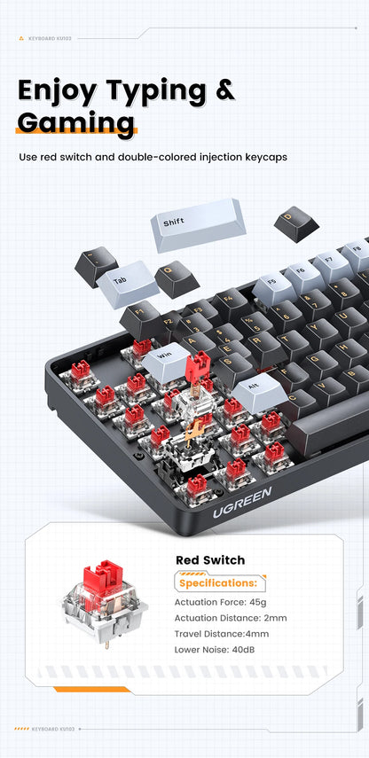 UGREEN Mechanical Keyboard 108 PBT Keycaps Wired Keyboard Red Switch Russian/Korean/EN for Desktop Laptop Windows Mac OS Gaming