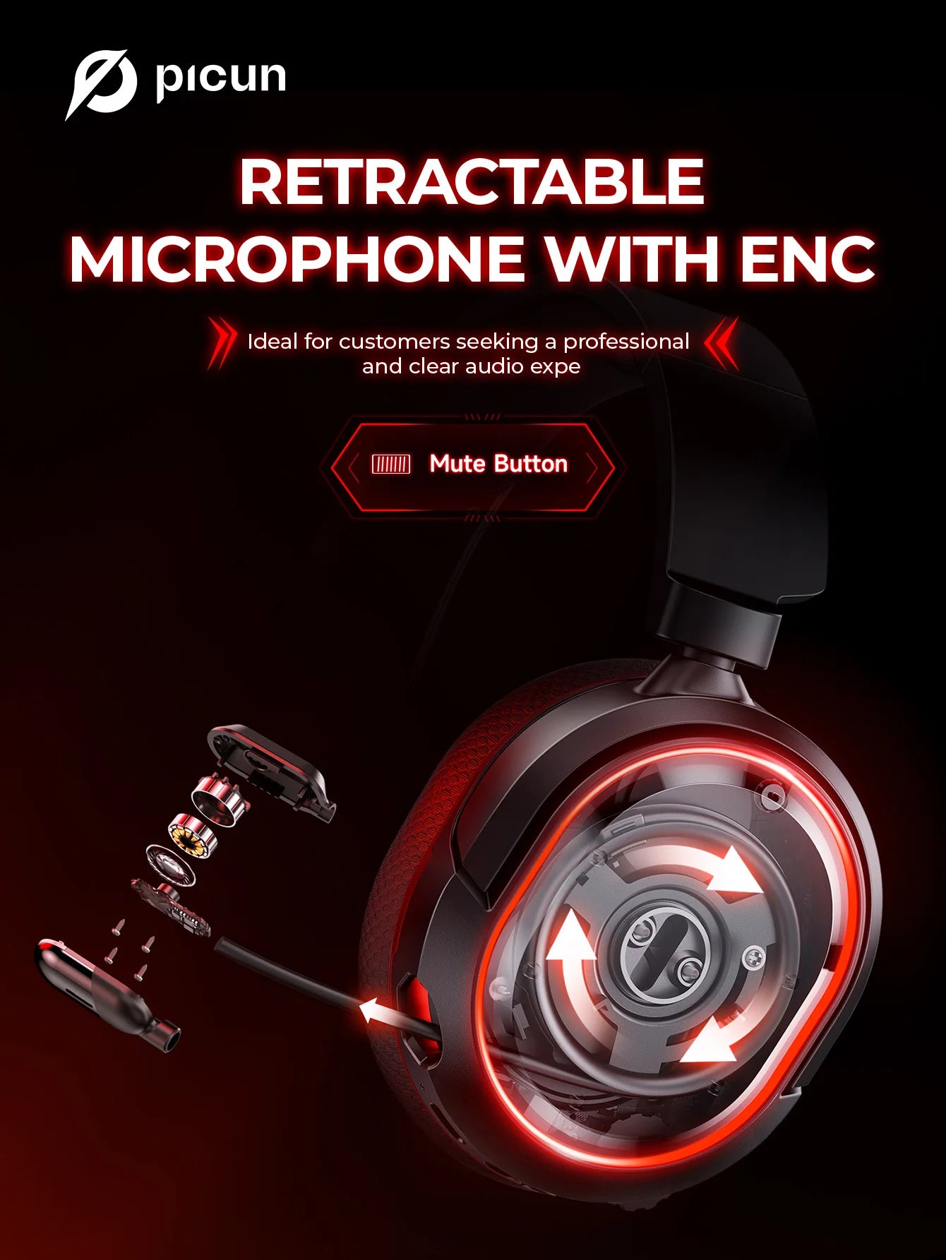 Picun G2 Wireless Gaming Headset Bluetooth 5.3 – 7.1 Surround Sound, ENC Microphone, 100H Battery, Low Latency Headphones for PC, PS5, PS4, Switch & Mobile